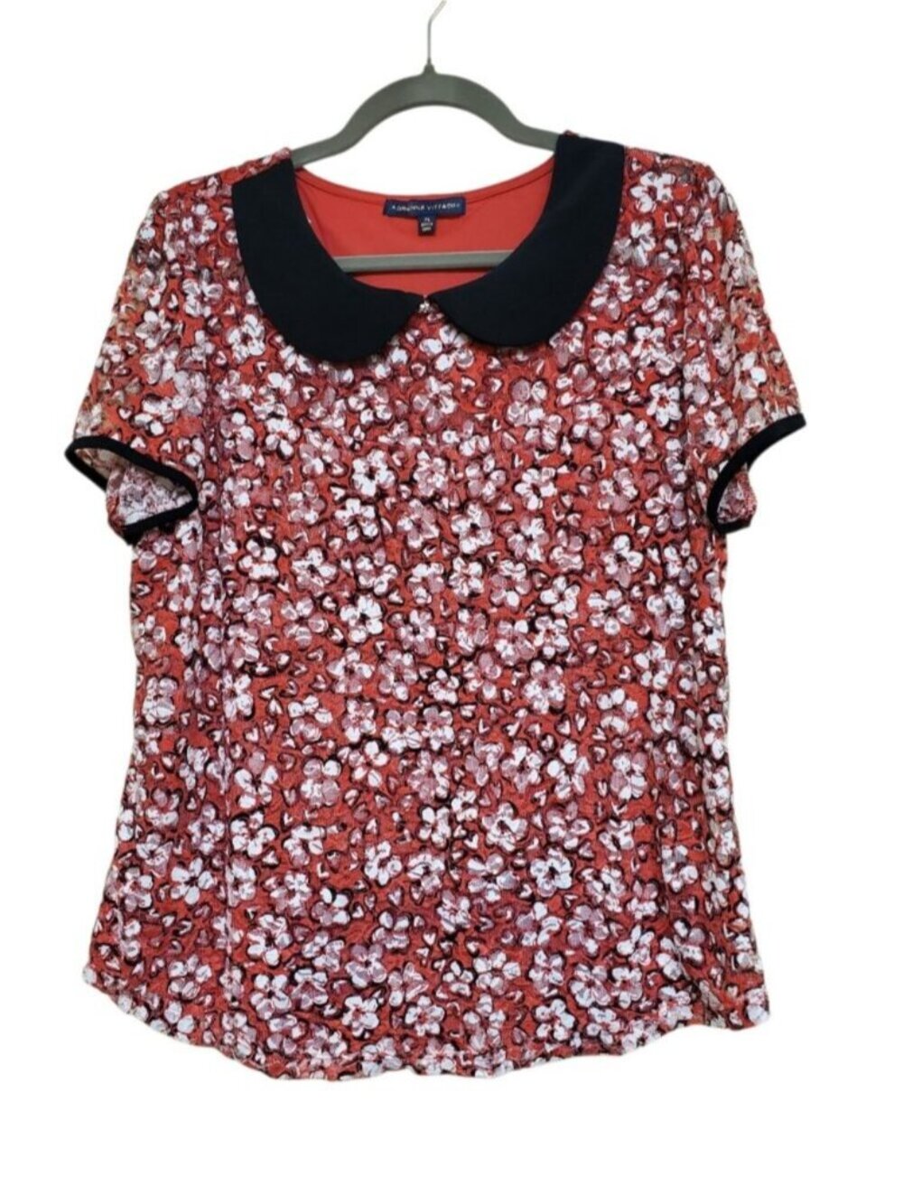 Adrienne Vittadini Women's Red White Textured Peter Pan Collar Coquette Top XL
